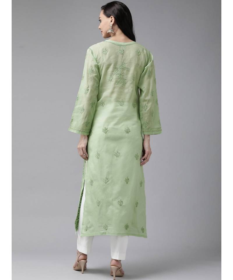 Ada Hand Embroidered Green Cotton Lucknow Chikan Kurta - A411246