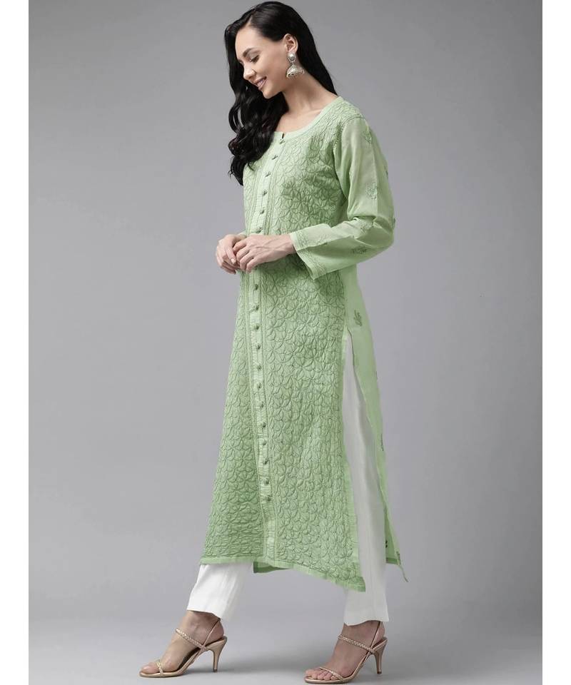 Ada Hand Embroidered Green Cotton Lucknow Chikan Kurta - A411246