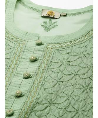 Ada Hand Embroidered Green Cotton Lucknow Chikan Kurta - A411246 4