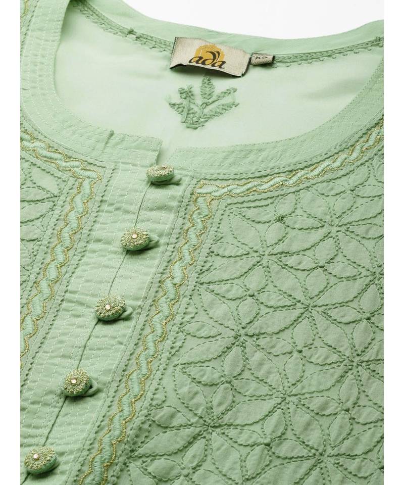Ada Hand Embroidered Green Cotton Lucknow Chikan Kurta - A411246