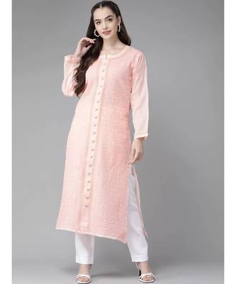 Ada Hand Embroidered Peach Cotton Lucknow Chikan Women Kurta - A411249 1