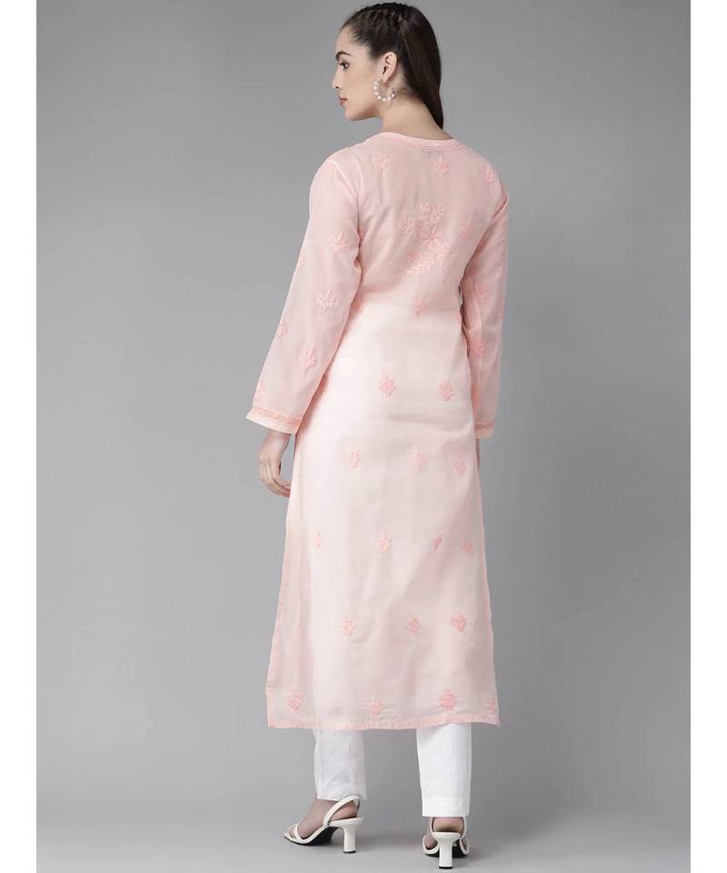 Ada Hand Embroidered Peach Cotton Lucknow Chikan Women Kurta - A411249