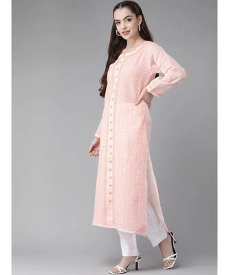 Ada Hand Embroidered Peach Cotton Lucknow Chikan Women Kurta - A411249 3