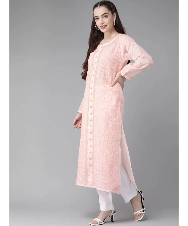 Ada Hand Embroidered Peach Cotton Lucknow Chikan Women Kurta - A411249