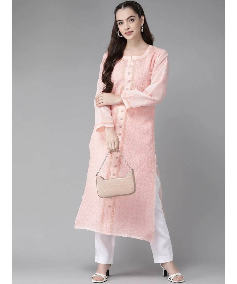 Ada Hand Embroidered Peach Cotton Lucknow Chikan Women Kurta - A411249
