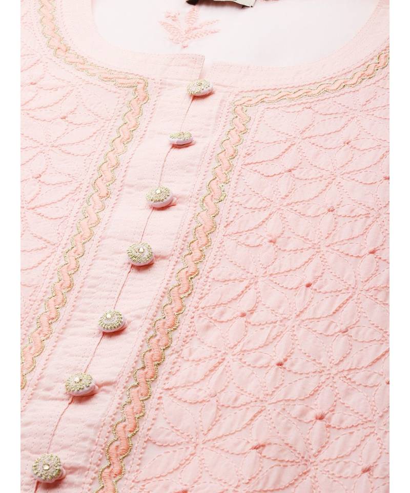 Ada Hand Embroidered Peach Cotton Lucknow Chikan Women Kurta - A411249