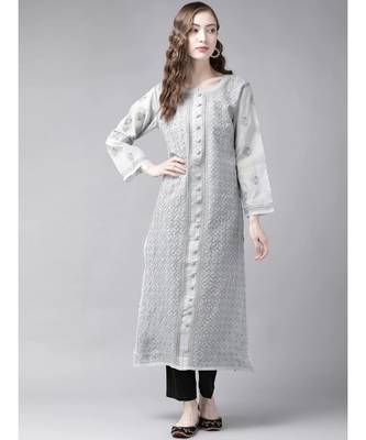 Ada Hand Embroidered Grey Cotton Lucknow Chikan Women Kurta - A411248 1