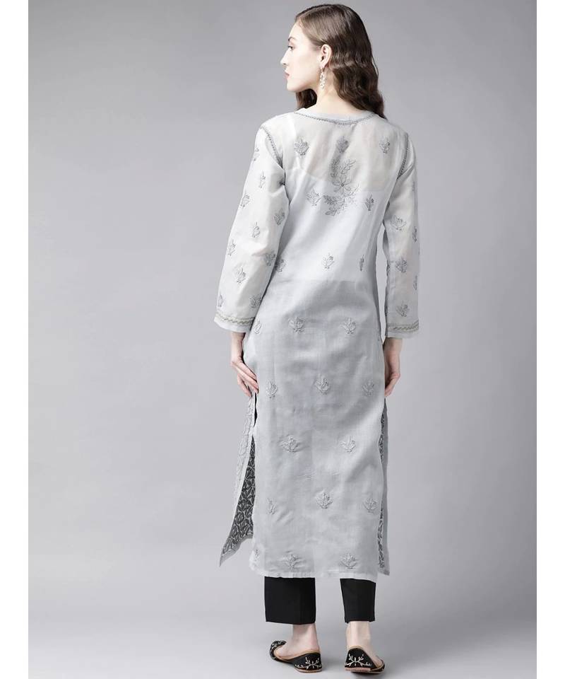 Ada Hand Embroidered Grey Cotton Lucknow Chikan Women Kurta - A411248