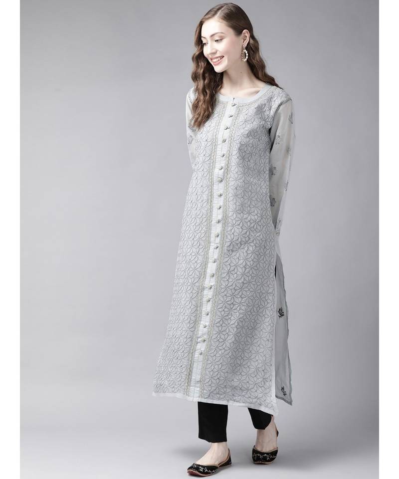 Ada Hand Embroidered Grey Cotton Lucknow Chikan Women Kurta - A411248