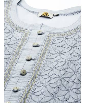 Ada Hand Embroidered Grey Cotton Lucknow Chikan Women Kurta - A411248 4