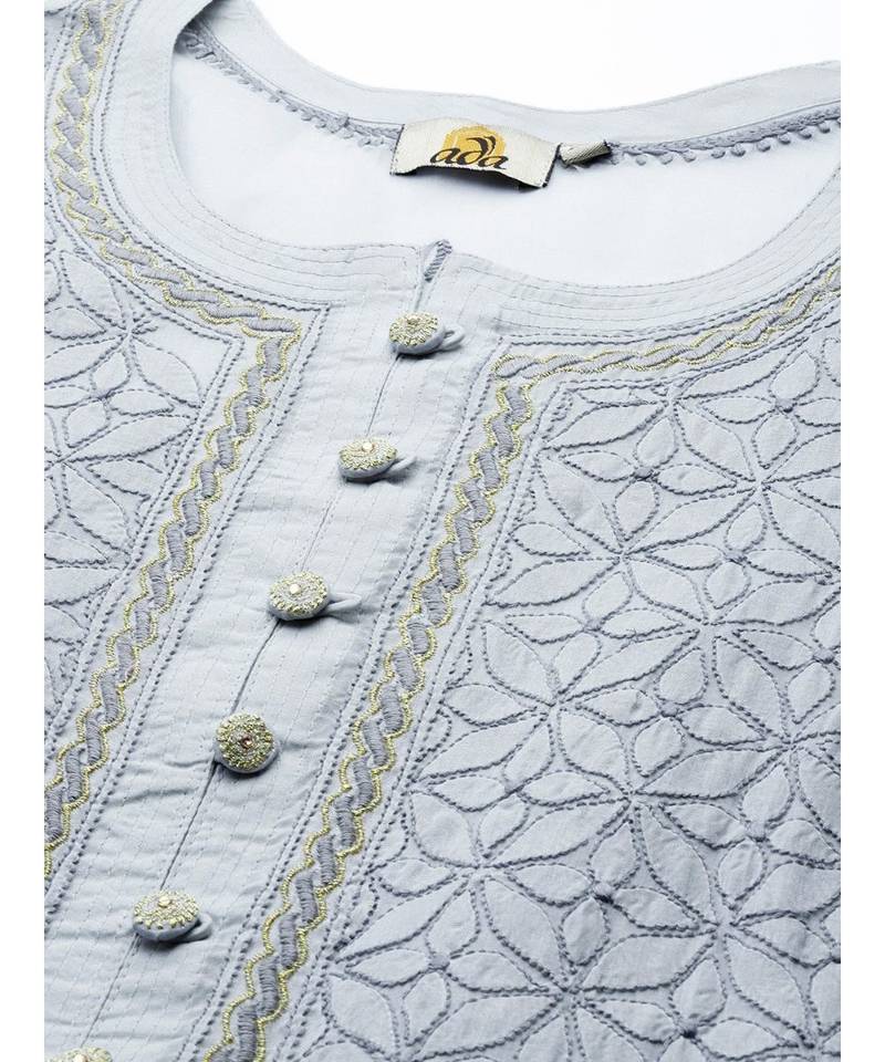 Ada Hand Embroidered Grey Cotton Lucknow Chikan Women Kurta - A411248