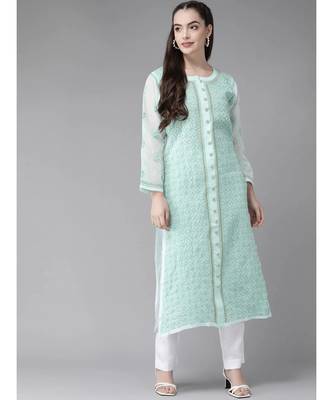 Ada Hand Embroidered Sea Green Cotton Lucknow Chikan Women Kurta - A411245 1