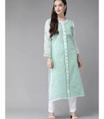 Ada Hand Embroidered Sea Green Cotton Lucknow Chikan Women Kurta - A411245