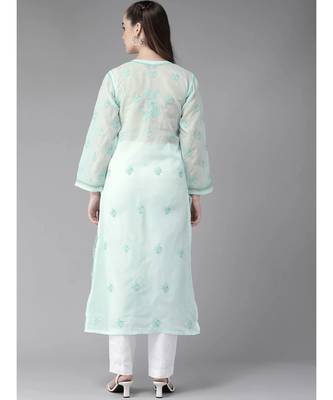 Ada Hand Embroidered Sea Green Cotton Lucknow Chikan Women Kurta - A411245 2