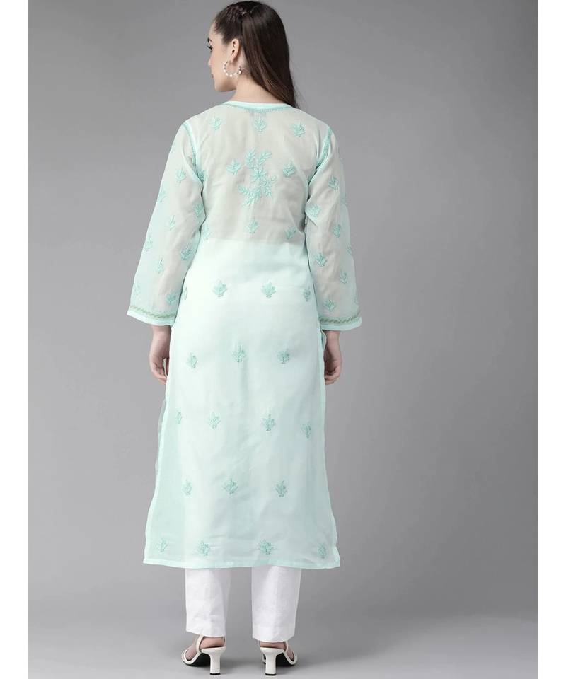 Ada Hand Embroidered Sea Green Cotton Lucknow Chikan Women Kurta - A411245