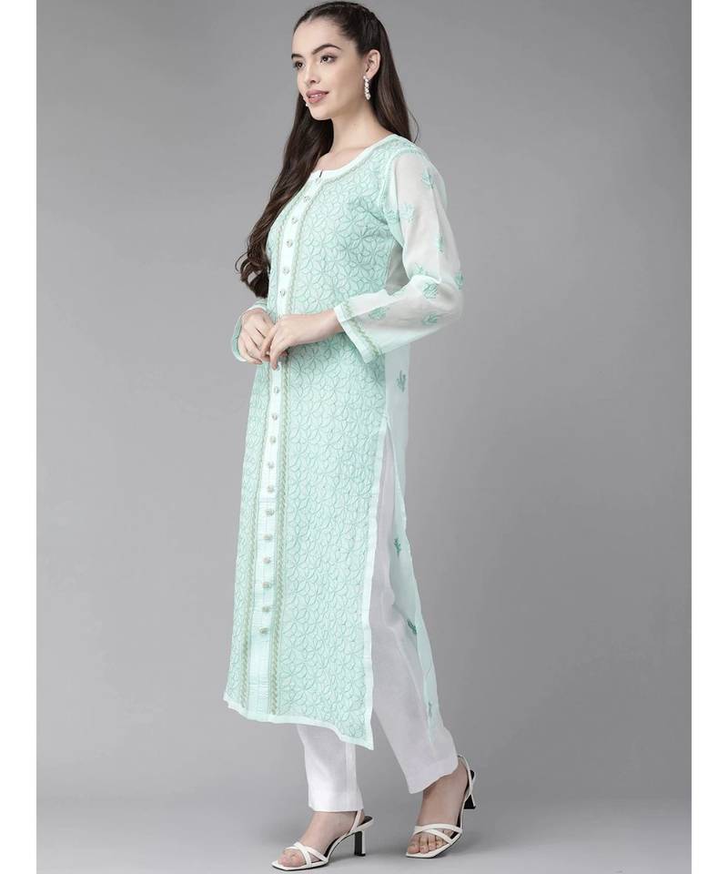 Ada Hand Embroidered Sea Green Cotton Lucknow Chikan Women Kurta - A411245