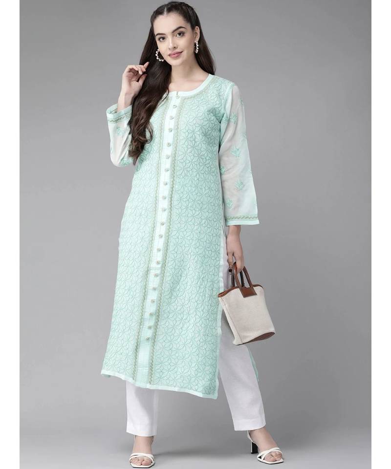 Ada Hand Embroidered Sea Green Cotton Lucknow Chikan Women Kurta - A411245