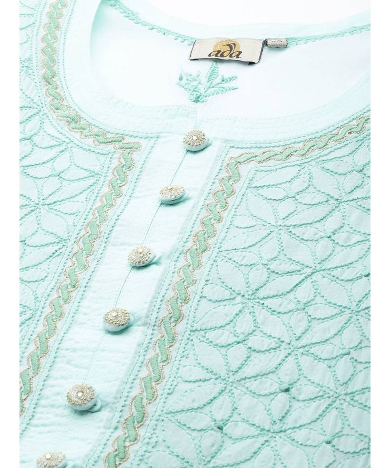 Ada Hand Embroidered Sea Green Cotton Lucknow Chikan Women Kurta - A411245