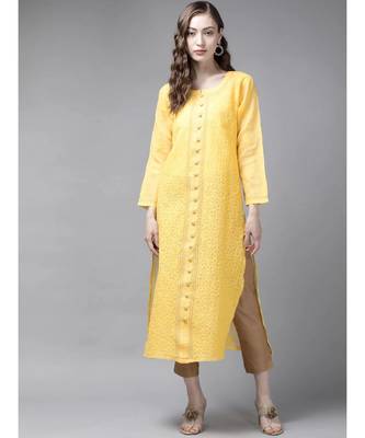 Ada Hand Embroidered Yellow Cotton Lucknow Chikan Women Kurta - A411247 1
