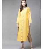 Ada Hand Embroidered Yellow Cotton Lucknow Chikan Women Kurta - A411247