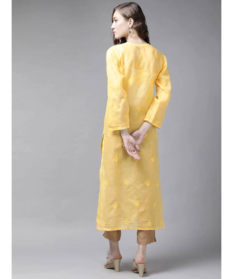 Ada Hand Embroidered Yellow Cotton Lucknow Chikan Women Kurta - A411247