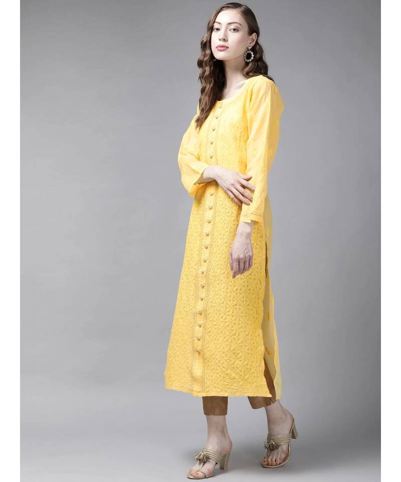 Ada Hand Embroidered Yellow Cotton Lucknow Chikan Women Kurta - A411247