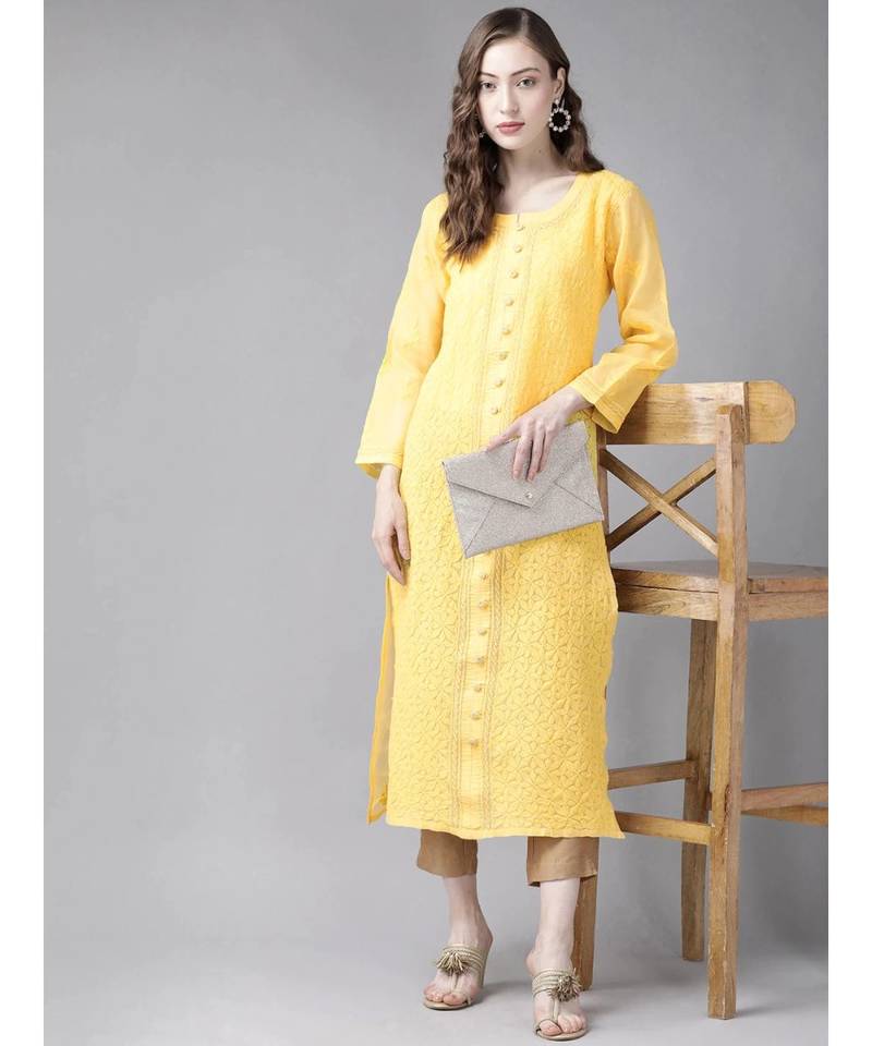 Ada Hand Embroidered Yellow Cotton Lucknow Chikan Women Kurta - A411247