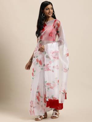 Women'S White Organza Digital Printed Saree With silk blend Blouse Piece 1