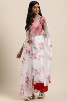 Women'S White Organza Digital Printed Saree With Art Silk Blouse Piece