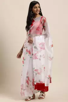 Women'S White Organza Digital Printed Saree With Art Silk Blouse Piece