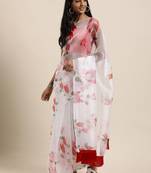 Women'S White Organza Digital Printed Saree With Art Silk Blouse Piece