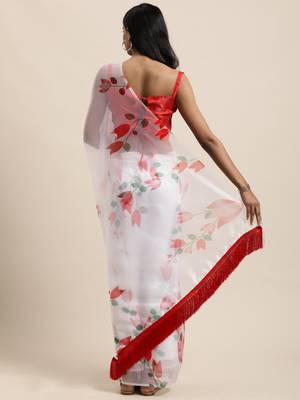 Women'S White Organza Digital Printed Saree With silk blend Blouse Piece 2