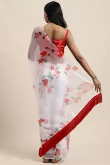 Women'S White Organza Digital Printed Saree With Art Silk Blouse Piece
