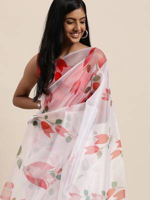 Women'S White Organza Digital Printed Saree With silk blend Blouse Piece 3