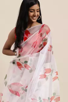 Women'S White Organza Digital Printed Saree With Art Silk Blouse Piece