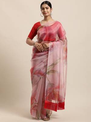 Light Peach Organza Digital Printed Saree With blouse piece 1