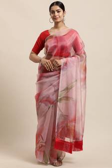Light Peach Organza Digital Printed Saree With Art blouse piece