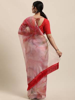 Light Peach Organza Digital Printed Saree With blouse piece 2