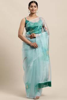 Women'S Seafoam Blue Organza Digital Printed Saree With Art Silk Blouse Piece