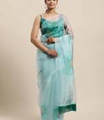 Women'S Seafoam Blue Organza Digital Printed Saree With Art Silk Blouse Piece