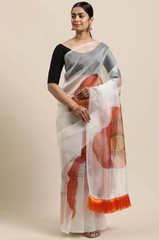 Off White Organza Digital Printed Saree With Art blouse piece