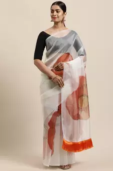 Off White Organza Digital Printed Saree With Art blouse piece