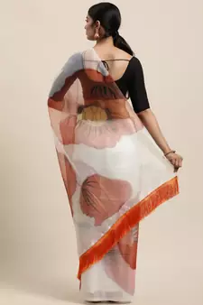Off White Organza Digital Printed Saree With Art blouse piece