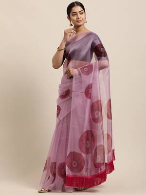 Women'S Pink Organza Digital Printed Saree With silk blend Blouse Piece 1