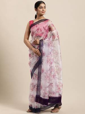 Kimisha Women's Off White Organza Digital Printed Saree With silk blend Blouse Piece 1