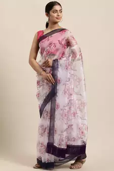 Kimisha Women's Off White Organza Digital Printed Saree With Art Silk Blouse Piece