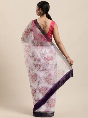 Kimisha Women's Off White Organza Digital Printed Saree With silk blend Blouse Piece 2