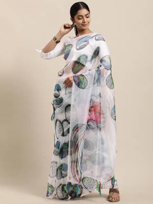Women'S White Organza Printed Saree With silk blend Blouse Piece 1