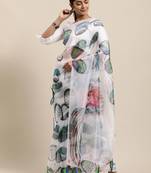 Women'S White Organza Printed Saree With Art Silk Blouse Piece