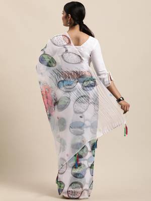 Women'S White Organza Printed Saree With silk blend Blouse Piece 2